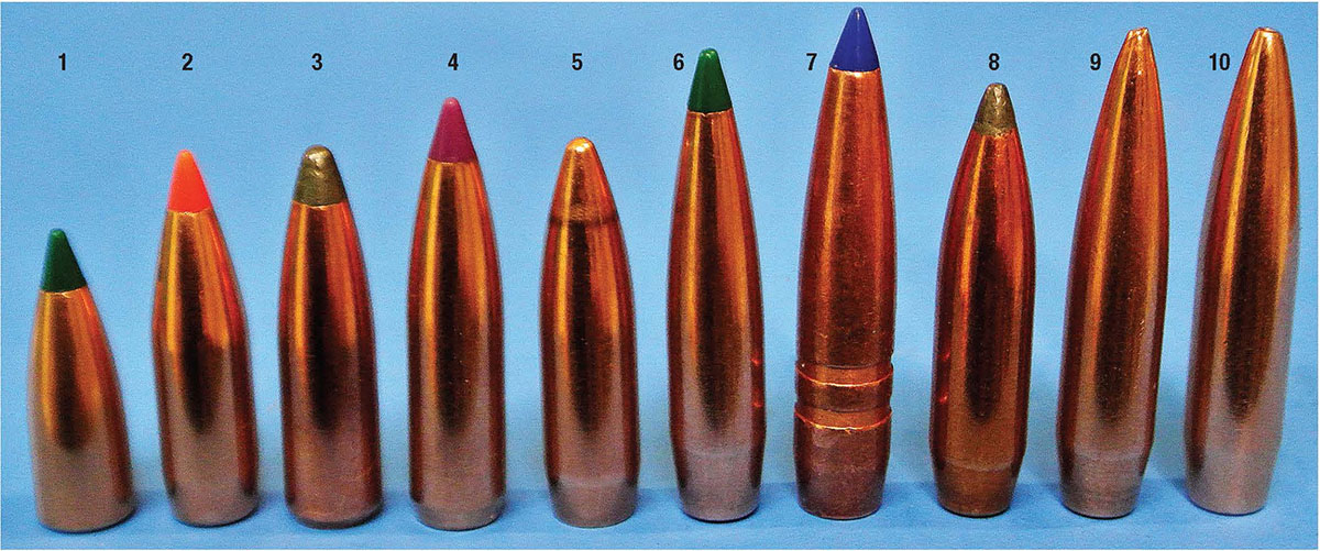 Bullets tested include: (1) Sierra 55-grain BlitzKing, (2) Hornady 75 V-MAX , (3) Nosler 85 Partition, (4) Nosler 90 Ballistic Tip, (5) Sierra 90 FMJ, (6) Sierra 95 TMK, (7) Barnes 95 LRX-T, (8) Sierra 100 SBT, (9) Hornady 105 HPBT, (10) Sierra 107-grain HPBT.